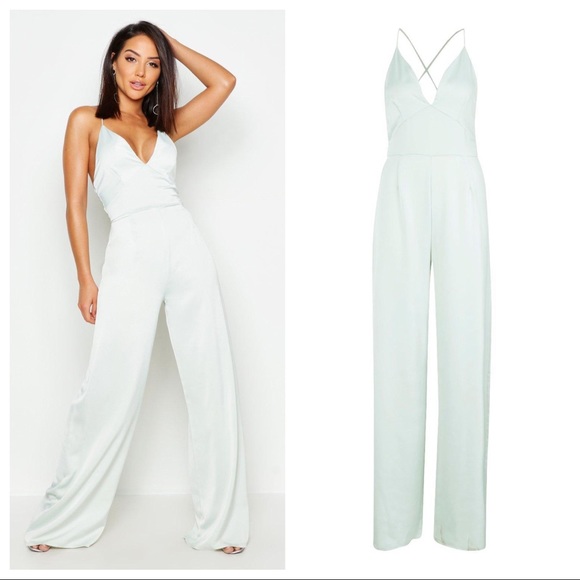 Boohoo Pants - Boohoo Satin Plunge Jumpsuit in Sage Green NEW